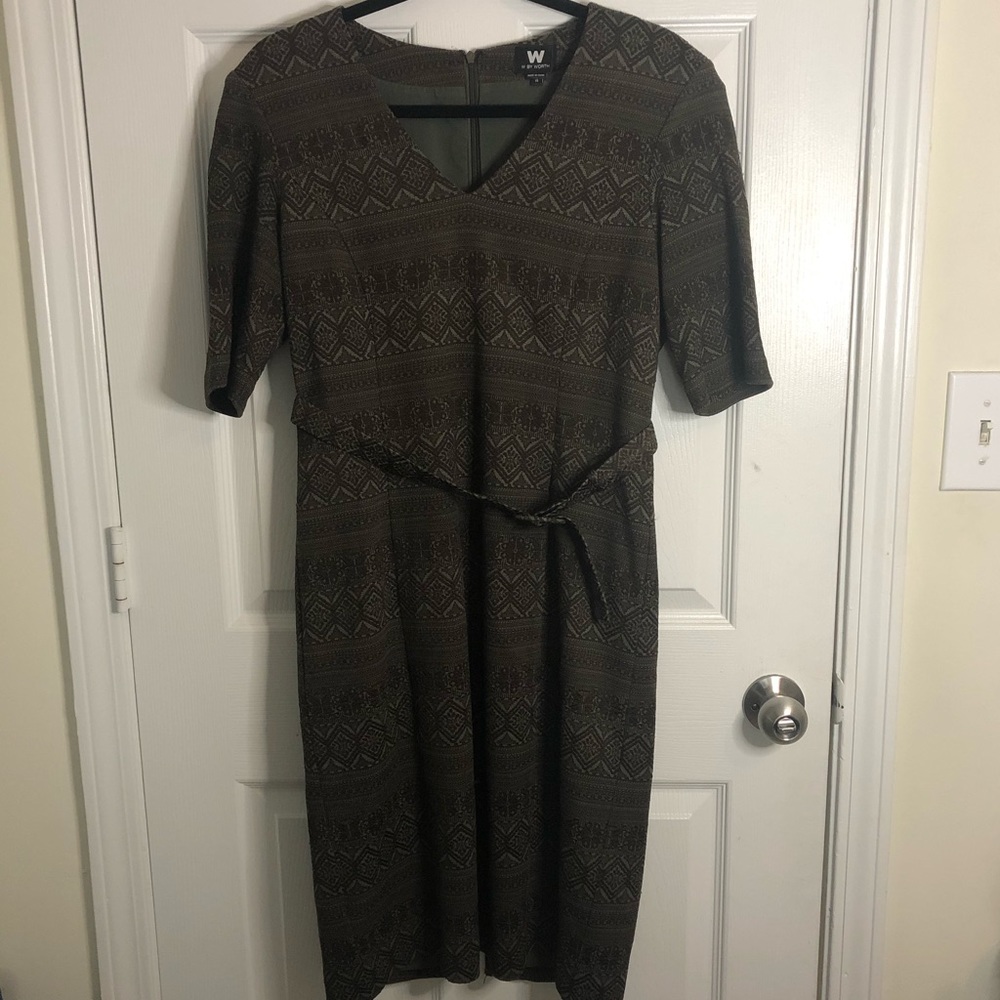W By Worth Belted V Neck A Line Geometric Dress 10 Green Black
